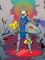 Rule 34 | 1girl, :&lt;, armor, battlefield, blonde hair, blood, blood on clothes, bloody weapon, blue eyes, blue tabard, closed mouth, coat of arms, drawfag, fire, full armor, full body, gauntlets, halo, helmet, highres, holding, holding shield, holding sword, holding weapon, knight, looking at viewer, original, plate armor, sabaton, serious, shield, smoke, solo, standing, sword, tabard, weapon, yellow halo