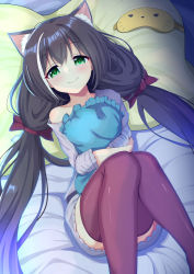 Rule 34 | 1girl, animal ear fluff, animal ears, bed sheet, black hair, blush, bow, cat ears, cat girl, commentary, dress, feet out of frame, green eyes, hair bow, head on pillow, highres, karyl (princess connect!), long hair, looking at viewer, loungewear, lying, multicolored hair, hugging object, on back, on bed, pillow, pillow hug, princess connect!, red bow, red thighhighs, single bare shoulder, smile, solo, streaked hair, syurimp, thighhighs, twintails, white dress, white hair