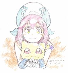 Rule 34 | 1girl, beret, blush, commentary request, creature, dated, digimon, digimon (creature), digimon linkz, gloves, green eyes, hat, holding, holding digimon, kurihara hina, microphone, nyaromon, pink hair, red eyes, smile, t-okada, traditional media, white gloves