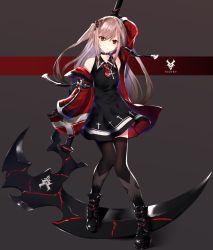 Rule 34 | 1girl, arm up, armpits, bare shoulders, black dress, black footwear, black gloves, boots, brown thighhighs, chamnaitu, choker, cross, dress, expressionless, full body, gloves, grey hair, hair ornament, highres, holding, holding scythe, jacket, jewelry, latin cross, long hair, long sleeves, looking at viewer, necklace, necktie, off shoulder, open clothes, open jacket, original, red eyes, red jacket, scythe, short necktie, sleeveless, sleeveless dress, solo, thighhighs, two side up, wing collar, zettai ryouiki