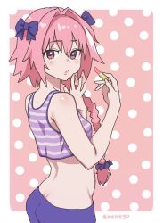 Rule 34 | 1boy, ass, astolfo (fate), back, blush, body blush, bow, braid, cosmetics, cowboy shot, crop top, fate/apocrypha, fate (series), from side, hair bow, hair intakes, hair ornament, hair ribbon, hair scrunchie, highres, lips, lipstick, lipstick tube, long hair, looking at viewer, looking back, makeup, male focus, meme50, midriff, panties, pink background, pink hair, polka dot, polka dot background, purple eyes, pursed lips, ribbon, scrunchie, shirt, single braid, sleeveless, solo, striped clothes, striped shirt, tank top, trap, twitter username, underwear