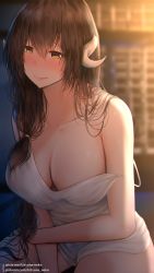 Rule 34 | 1girl, azur lane, blurry, blurry background, blush, breasts, brown hair, cleavage, highres, horns, kitsune-neko, large breasts, long hair, looking at viewer, mikasa (azur lane), one side up, pixiv username, shirt, sitting, solo, very long hair, white shirt, yellow eyes