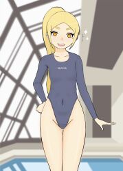 Rule 34 | 1girl, blonde hair, breasts, hand on own hip, highres, leotard, long sleeves, mari gold, mole, mole under eye, orange eyes, original, pool, rei no pool, rong rong, small breasts, standing, swimsuit, tagme, thick eyebrows