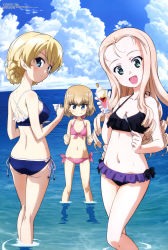 Rule 34 | 10s, 3girls, :d, absurdres, aqua eyes, ass, back, bare arms, bare back, bare legs, bare shoulders, bikini, black bikini, blonde hair, blue bikini, blue eyes, blue sky, braid, breasts, cleavage, cloud, collarbone, cup, darjeeling (girls und panzer), day, drill hair, fang, fang out, flat chest, food, forehead, frilled bikini, frilled bikini top, frills, front-tie bikini top, front-tie top, frown, girls und panzer, halterneck, highres, holding, holding cup, holding spoon, horizon, ice cream, katyusha (girls und panzer), legs apart, long hair, looking at viewer, marie (girls und panzer), medium breasts, megami magazine, multiple girls, navel, ocean, official art, open mouth, outdoors, pink bikini, ribbon, saucer, scan, short hair, side-tie bikini bottom, sideboob, sky, smile, spoon, standing, stomach, strap gap, sundae, swept bangs, swimsuit, teacup, thighs, trait connection, translation request, twin braids, v-shaped eyebrows, wading, water, white ribbon