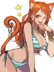 Rule 34 | 1girl, animal ears, bikini, breasts, cat ears, cat girl, cat tail, highres, kurage20001, nami (one piece), one eye closed, one piece, orange hair, smile, solo, swimsuit, tail, white background