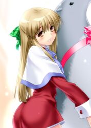 Rule 34 | 1girl, ass, blunt ends, blush, bow, brown eyes, capelet, commentary request, dress, eyelashes, from side, green bow, hair between eyes, hair bow, head tilt, hugging doll, hugging object, kanon, kurata sayuri, light brown hair, long hair, long sleeves, looking at viewer, one-hour drawing challenge, parted lips, plaid, plaid bow, red dress, short dress, sidelocks, simple background, smile, solo, straight hair, very long hair, white background, white capelet, zen (kamuro)