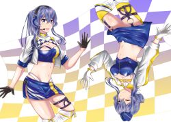 Rule 34 | 1girl, absurdres, bandeau, black gloves, blue bandeau, blue bustier, blue eyes, blue hair, blue headwear, blue skirt, breasts, bustier, checkered background, checkered clothes, cleavage, cowboy shot, crop top, cropped jacket, garrison cap, garter straps, gloves, gotland (kancolle), hair bun, half gloves, hat, headphones, headset, highleg, highleg panties, highres, jacket, kantai collection, large breasts, long hair, looking at viewer, microphone, midriff, miniskirt, mole, mole under eye, multicolored clothes, multicolored legwear, multiple views, nipa (graf xsr900), official alternate costume, panties, ponytail, race queen, single hair bun, skirt, thighhighs, underwear, white jacket, white panties