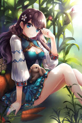 Rule 34 | 1girl, animal, animal on lap, blue eyes, breasts, brown hair, rabbit, carrot, cleavage, cleavage cutout, clothing cutout, daisy, dappled sunlight, deijii (papakai), dress, elbow rest, flower, hair flower, hair ornament, hand to forehead, knees up, layered dress, light smile, long hair, long sleeves, looking at viewer, medium breasts, on lap, original, plant, sitting, solo, sunlight