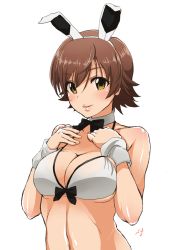 Rule 34 | 10s, 1girl, animal ears, bikini, bikini top only, breasts, brown hair, cleavage, fake animal ears, honda mio, idolmaster, idolmaster cinderella girls, large breasts, leotard, parted lips, playboy bunny, rabbit ears, shift (waage), shiny skin, short hair, simple background, smile, solo, swimsuit, tongue, tongue out, upper body