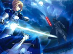 Rule 34 | 1boy, 1girl, armor, artoria pendragon (fate), darth vader, energy sword, epic, fate/stay night, fate (series), gauntlets, lightsaber, saber (fate), star wars, sword, third-party edit, weapon