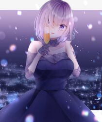 Rule 34 | absurdres, asymmetrical bangs, bare shoulders, blurry, bob cut, bokeh, breasts, champagne flute, city lights, cleavage, cocktail dress, commentary request, cowboy shot, cup, depth of field, detached collar, dress, drinking glass, fate/grand order, fate (series), gloves, hair over one eye, half gloves, highres, holding, holding cup, large breasts, light particles, mash kyrielight, mash kyrielight (chaldea dinnertime), night, night sky, off-shoulder dress, off shoulder, official alternate costume, purple dress, purple eyes, purple hair, see-through, see-through cleavage, short hair, sky, sleeves past elbows, underbust, yua (bokubo0806)