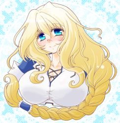 Rule 34 | 1girl, blonde hair, blue eyes, blush, braid, breasts, cleavage, highres, kyoukaisenjou no horizon, large breasts, long hair, mary stuart, scar, single braid, smile, solo, upper body, usayu (snow crescent)