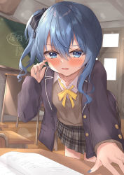 Rule 34 | 1girl, absurdres, adjusting hair, azuremo, blue jacket, blue nails, blush, book, brown cardigan, cardigan, chalkboard, classroom, collarbone, collared shirt, grey skirt, hair between eyes, hair ribbon, hand on table, highres, hololive, hoshimachi suisei, jacket, leaning forward, long hair, looking at viewer, nail polish, open book, open clothes, open jacket, plaid, plaid skirt, ribbon, school uniform, shirt, side ponytail, skirt, solo, virtual youtuber, white shirt