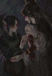 Rule 34 | 1boy, 1girl, absurdres, bandage on face, bandages, black hair, blood, blush, check copyright, copyright request, earrings, eetttaaa, hair ornament, highres, injury, jewelry, long hair, long sleeves, looking at another, ponytail, red eyes, tagme, tianguan cifu