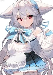 Rule 34 | 1girl, ahoge, animal ear fluff, animal ears, aroa (aroamoyasi), asymmetrical legwear, black footwear, blush, commentary request, commission, detached sleeves, dress, ears down, flower, fox ears, fox girl, fox tail, frilled dress, frilled thighhighs, frills, hand up, light smile, long hair, long sleeves, looking at viewer, mismatched legwear, original, puffy long sleeves, puffy sleeves, red eyes, sakurada shiro (hy plus), silver hair, skeb commission, sleeves past wrists, smile, solo, tail, thighhighs, very long hair, white background, white dress, white flower, white thighhighs