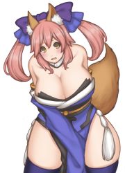 Rule 34 | 10s, 1girl, animal ears, bad id, bad pixiv id, bare shoulders, blush, breasts, cleavage, curvy, fate/extra, fate (series), female focus, fox ears, fox tail, hair ribbon, large breasts, leaning forward, long hair, looking at viewer, mogu (kanikama mgmg), open mouth, pink hair, plump, ribbon, solo, tail, tamamo (fate), tamamo no mae (fate/extra), thick thighs, thighs, wide hips