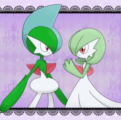 Rule 34 | 1boy, 1girl, argyle, argyle background, argyle clothes, artist name, blue hair, bob cut, closed mouth, colored skin, cowboy shot, creatures (company), eye contact, flat chest, from side, gallade, game freak, gardevoir, gen 3 pokemon, gen 4 pokemon, green hair, green skin, hands up, happy, highres, looking at another, meru (mer milky77), mohawk, multicolored hair, multicolored skin, nintendo, outside border, own hands together, pokemon, pokemon (creature), profile, purple background, red eyes, short hair, signature, smile, sparkle, standing, twitter username, two-tone hair, two-tone skin, white skin