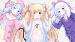Rule 34 | 3girls, :d, animal ear fluff, animal ears, bed sheet, blonde hair, blue eyes, blue hair, blue tank top, blush, bow, cat ears, cat girl, cat tail, closed mouth, collarbone, commentary request, fur-trimmed jacket, fur trim, hair ribbon, highres, holding hands, hood, hood up, horns, horns through headwear, interlocked fingers, jacket, long hair, long sleeves, looking at viewer, lying, moneko-chan, multiple girls, navel, on back, open clothes, open jacket, open mouth, original, pajamas, pants, pink jacket, pleated skirt, polka dot, purple eyes, purple pajamas, purple pants, purple shirt, rabbit ears, red bow, red eyes, red ribbon, ribbon, sheep ears, sheep girl, sheep horns, shirt, siera (sieracitrus), silver hair, skirt, smile, tail, tank top, two side up, very long hair, white jacket, white skirt, yellow shirt
