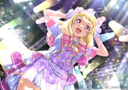 Rule 34 | 1girl, :d, blonde hair, braid, dress, gloves, gradient hair, highres, jacket, love live!, love live! school idol festival 2, love live! superstar!!, low twin braids, multicolored hair, musashiya chougenbou, onitsuka natsumi, open mouth, pinafore dress, purple dress, purple eyes, purple hair, sleeveless, sleeveless dress, smile, solo, twin braids, twitter username, white gloves, white jacket