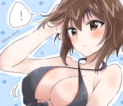 Rule 34 | !, 1girl, blue background, blush, breasts, brown eyes, brown hair, cleavage, closed mouth, criss-cross halter, dutch angle, frown, girls und panzer, halterneck, hand in own hair, hinase (twoxout), large breasts, motion lines, nishizumi maho, outline, short hair, solo, spoken exclamation mark, sweatdrop, twitter username, upper body, white outline