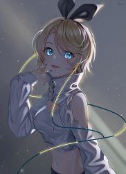 Rule 34 | 1girl, :d, alternate costume, artist name, bare shoulders, black ribbon, blonde hair, blue eyes, blush, breasts, cleavage cutout, clothing cutout, commentary, commentary request, dark, english commentary, glowing, glowing eyes, gradient background, grey background, hair ribbon, high collar, highres, kagamine rin, long sleeves, looking at viewer, nail polish, navel, neon lights, open mouth, posom, purple nails, ribbon, short hair, shoulder cutout, small breasts, smile, solo, stomach, swept bangs, upper body, v, vocaloid, zipper pull tab