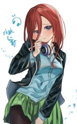 Rule 34 | 1girl, absurdres, black jacket, black pantyhose, blue cardigan, blue eyes, blush, breasts, brown hair, cardigan, closed mouth, commentary request, film grain, go-toubun no hanayome, green skirt, hair between eyes, headphones, headphones around neck, highres, jacket, long hair, long sleeves, looking at viewer, medium breasts, nakano miku, open clothes, open jacket, pantyhose, partial commentary, pleated skirt, shirasuke 0822, shy, signature, simple background, skirt, solo, white background