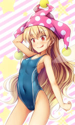 Rule 34 | 1girl, arm behind head, arm up, bare arms, blonde hair, blue one-piece swimsuit, blush, breasts, chima q, closed mouth, clownpiece, collarbone, commentary, competition swimsuit, covered navel, cowboy shot, diagonal stripes, eyes visible through hair, fairy, fairy wings, hair between eyes, hat, highres, jester cap, long hair, looking at viewer, one-piece swimsuit, outline, pink hat, polka dot, polka dot headwear, red eyes, small breasts, smile, solo, star (symbol), starry background, striped, striped background, sweatdrop, swimsuit, touhou, very long hair, white outline, wings