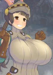 Rule 34 | 1girl, artist request, breasts, brown eyes, brown hair, character request, derivative work, gloves, grin, highres, huge breasts, long hair, ponytail, rodelero (tree of savior), smile, solo, source request, swordman (tree of savior), third-party edit, tree of savior