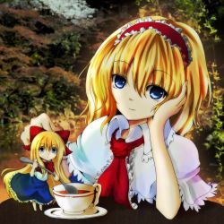 Rule 34 | 1girl, alice margatroid, bad id, bad pixiv id, blonde hair, blue eyes, capelet, colorized, cup, dress, female focus, hairband, highres, holding, holding spoon, jellylily, kuroneko (fragrant olive), saucer, shanghai doll, solo, spoon, table, tea, teacup, touhou, tree