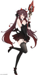 Rule 34 | 1girl, ahoge, alternate costume, artist name, backless dress, backless outfit, bare shoulders, black choker, black gloves, black thighhighs, choker, demon horns, demon tail, dress, elbow gloves, feint721, flower-shaped pupils, garter straps, genshin impact, gloves, gradient hair, hair ribbon, high heels, highres, holding, holding weapon, horns, hu tao (genshin impact), lace, lace-trimmed legwear, lace trim, long hair, looking at viewer, multicolored hair, parted lips, partially fingerless gloves, red eyes, ribbon, simple background, smile, solo, standing, standing on one leg, strapless, strapless dress, symbol-shaped pupils, tail, thighhighs, twintails, weapon, white background