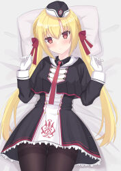 Rule 34 | 1girl, absurdres, arihara nanami, bed sheet, black capelet, black dress, black pantyhose, black ribbon, blonde hair, braid, capelet, closed mouth, commentary, cowboy shot, curvy, double-parted bangs, dress, eyelashes, eyes visible through hair, frilled dress, frills, garrison cap, gloves, hair between eyes, hair ribbon, hat, head on pillow, head tilt, highres, long hair, long sleeves, looking at viewer, low twintails, lunana, lying, military, military uniform, necktie, on back, pantyhose, red eyes, red necktie, ribbon, riddle joker, side braids, smile, solo, thigh gap, thighband pantyhose, twintails, two-tone dress, uniform, very long hair, w arms, white dress, white gloves
