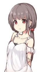 Rule 34 | 1girl, :t, arm behind back, arm grab, bare shoulders, blush, breasts, brown hair, cleavage, closed mouth, collarbone, dress, hair bobbles, hair ornament, highres, keiran (ryo170), long hair, low twintails, original, pout, red eyes, sidelocks, simple background, sketch, sleeveless, sleeveless dress, small breasts, solo, twintails, v-shaped eyebrows, very long hair, white background, white dress