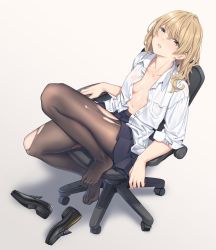 Rule 34 | 1girl, black footwear, black pantyhose, black skirt, blonde hair, breasts, breasts apart, brown eyes, chair, collarbone, collared shirt, commentary, fangxiang cuoluan, feet, from above, full body, highres, knee up, loafers, long hair, looking at viewer, miniskirt, navel, no bra, office chair, open clothes, open shirt, original, pantyhose, parted lips, pleated skirt, shadow, shirt, shoes, unworn shoes, sidelocks, simple background, sitting, skirt, small breasts, solo, sweat, swivel chair, teeth, toes, torn clothes, torn pantyhose, unbuttoned, unbuttoned shirt, white background, white shirt