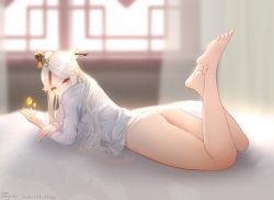 Rule 34 | 1girl, artist name, ass, barefoot, bed sheet, bottomless, dated, feet, genshin impact, hair ornament, hairpin, highres, indoors, long hair, looking at viewer, lying, ningguang (genshin impact), on stomach, papayawhip, red eyes, shirt, sidelocks, soles, solo, the pose, thighs, toes, white hair, white shirt, window