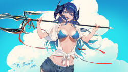 Rule 34 | 1girl, absurdres, bikini, bikini under clothes, blue bikini, blue eyes, blue hair, breasts, cardfight!! vanguard, commission, hair between eyes, head wings, highres, holding, holding weapon, ibaraki shun, large breasts, long hair, looking at viewer, open mouth, shirt, shorts, skeb commission, solo, swimsuit, tied shirt, weapon, wings