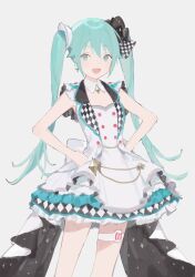 Rule 34 | 1girl, aqua eyes, aqua hair, bow, buttons, checkered bow, checkered clothes, double-breasted, dress, earrings, frilled dress, frills, hands on own hips, hatsune miku, highres, idol, jewelry, long hair, looking at viewer, more more jump! (project sekai), more more jump! miku, open mouth, project sekai, sleeveless, sleeveless dress, smile, solo, thigh strap, twintails, very long hair, vocaloid, white dress, wing collar, yyuuu75