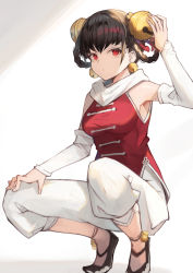 Rule 34 | 1girl, absurdres, anklet, bare shoulders, bell, bell earrings, black hair, braid, breasts, chinese clothes, detached sleeves, earrings, full body, hair bell, hair ornament, highres, jewelry, lin lin (one-punch man), one-punch man, pants, red eyes, scarf, shoes, solo, squatting, taht (that is mm), tangzhuang, twin braids, white neckwear, white pants