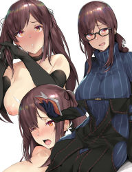 Rule 34 | 1girl, black dress, black gloves, blue dress, blush, book, breasts, brown eyes, brown hair, center opening, choker, collarbone, dress, ear piercing, earrings, elbow gloves, fate/grand order, fate (series), glasses, gloves, holding, holding book, jewelry, kurowa, large breasts, long hair, long sleeves, looking at viewer, multiple earrings, multiple views, nipples, open book, open mouth, piercing, puffy nipples, ribbed dress, simple background, sitting, topless, turtleneck, twintails, very long hair, white background, yu mei-ren (fate), yu mei-ren (first ascension) (fate)
