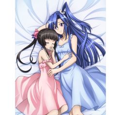Rule 34 | 2girls, artist request, bare shoulders, black hair, blue eyes, blue hair, blue nightgown, blush, breasts, closed eyes, closed mouth, collarbone, cuddling, hair ornament, hair ribbon, kazanari tsubasa, long hair, looking at another, lying, multiple girls, nightgown, official art, on side, open mouth, pink nightgown, ribbon, senki zesshou symphogear, side ponytail, small breasts, smile, tsukuyomi shirabe, twintails, yuri