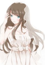Rule 34 | 1girl, bad id, bad pixiv id, blue eyes, brown hair, collarbone, dress, hiro (hirohiro31), jewelry, long hair, necklace, original, parted lips, simple background, smile, solo, veil, wedding dress, white background, white dress