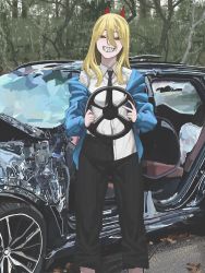 Rule 34 | 1girl, absurdres, black pants, blonde hair, blue jacket, breasts, brown eyes, car, car crash, chainsaw man, collared shirt, cross-shaped pupils, forest, hair between eyes, highres, horns, jacket, jacket partially removed, leaf, long hair, looking at viewer, motor vehicle, nature, pants, power (chainsaw man), red horns, sharp teeth, shirt, shirt partially tucked in, small breasts, smile, solo, standing, steering wheel, symbol-shaped pupils, teeth, ton dokmaiklow, tree, white shirt