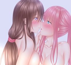 Rule 34 | 2girls, bad id, bad pixiv id, blue eyes, blush, breasts, brown hair, cleavage, commentary request, cropped, eye contact, fingernails, highres, large breasts, lino (lilyparty07), long hair, looking at another, multiple girls, nude, original, pink hair, pink scrunchie, portrait, purple eyes, scrunchie, yuri
