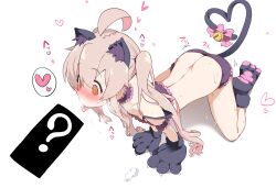 Rule 34 | 1girl, ?, ahoge, all fours, animal ears, animal hands, bar censor, bell, butt crack, cat ears, cat lingerie, cat paws, cat tail, censored, choker, commentary request, drooping, heart, heart tail, highres, implied tail plug, long hair, meme attire, nekono matatabi, onii-chan wa oshimai!, oyama mahiro, ribbon, solo, sweat, tail, tail bell, tail ornament, tail ribbon, tongue, tongue out, twintails, white background