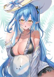 Rule 34 | 1girl, absurdres, ball, bare shoulders, beachball, bikini, blue hair, blush, breasts, cleavage, daifuku (yukihana lamy), elf, frills, twirling hair, hat, highres, hololive, jacket, jacket partially removed, large breasts, long hair, looking at viewer, mugicho (kdks5554), off shoulder, open mouth, pointy ears, solo, sun hat, sweat, swimsuit, two side up, virtual youtuber, yellow eyes, yukihana lamy