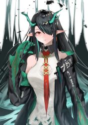 absurdres arknights black_hair black_jacket colored_inner_hair colored_skin dragon_girl dragon_horns dress dusk_(arknights) earrings gradient_skin green_horns green_skin highres horns jacket jewelry multicolored_hair pointy_ears red_eyes tassel tassel_earrings white_dress yoshi-j