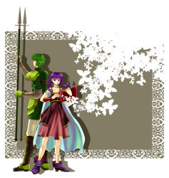 Rule 34 | armor, bad id, bad pixiv id, book, bug, butterfly, butterfly wings, cape, fire emblem, fire emblem: the sacred stones, green armor, green hair, insect, insect wings, kyle (fire emblem), lance, lute (fire emblem), nintendo, polearm, purple eyes, purple hair, weapon, wings