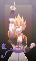 Rule 34 | 1boy, abs, act (act 1113), arm up, baggy pants, biceps, blonde hair, blue sash, border, bracer, clenched hand, closed mouth, collarbone, commentary request, dragon ball, dragonball z, gogeta, gradient background, green eyes, hand up, highres, index finger raised, looking at viewer, male focus, metamoran vest, muscular, muscular male, open clothes, open vest, outside border, pants, pectorals, sash, serious, simple background, solo, spiked hair, split mouth, super saiyan, super saiyan 1, v-shaped eyebrows, vest, white pants
