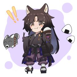 Rule 34 | !, !!, 1girl, ahu (kur0shiba), animal ears, arknights, armor, beads, black footwear, black kimono, blush, blush stickers, bowl, brown eyes, brown hair, chewing, chinese commentary, chopsticks, closed mouth, commentary request, creature, facial mark, food, forehead mark, full body, geta, hair ribbon, hakama, highres, holding, holding bowl, holding chopsticks, japanese armor, japanese clothes, kimono, knee pads, kusazuri, long hair, looking at viewer, mini person, minigirl, no nose, onigiri, outstretched arms, pants, parted bangs, purple background, purple pants, ribbon, rice, rice bowl, saga (arknights), sandals, simple background, socks, solo, sparkle, standing, tabi, wavy mouth, white background, white socks, yellow ribbon