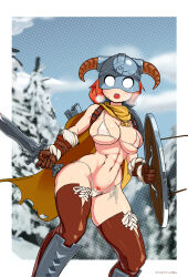 Rule 34 | 1girl, :o, abs, arrow (projectile), bikini, blue sky, boots, border, breasts, brown footwear, brown gloves, cape, cloud, cloudy sky, dovahkiin, dovakini-chan, fake horns, female pubic hair, gloves, helmet, highres, holding, holding shield, holding sword, holding weapon, horned helmet, horns, large breasts, looking at viewer, muscular, muscular female, navel, nisetanaka, open mouth, orange hair, outdoors, polka dot, ponytail, pubic hair, sheath, shield, sky, snow, snowing, solo, stomach, string bikini, swimsuit, sword, the elder scrolls, the elder scrolls v: skyrim, thigh boots, tree, weapon, white bikini, white border, yellow cape