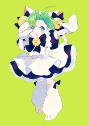 Rule 34 | 1girl, animal ears, animal hands, animal hat, apron, bell, bow, cat ears, cat hat, cat tail, dejiko, di gi charat, dress, frilled dress, frills, full body, gloves, green eyes, green hair, hair bell, hair ornament, hat, highres, jamu (yakinikuoi4), jingle bell, maid apron, open mouth, paw gloves, paw shoes, short hair, solo, tail